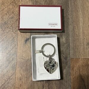 Coach Silver Heart Rhinestone Keychain Locket with Logo